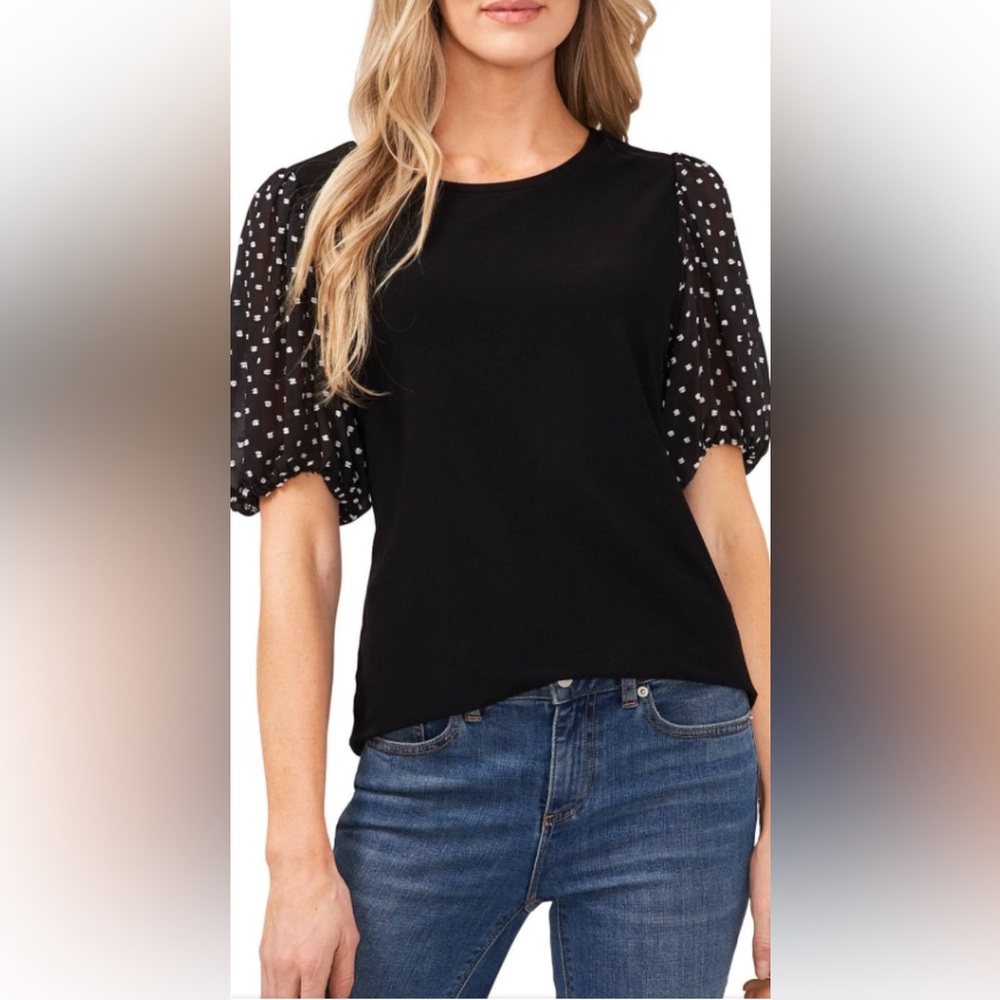 CECE Clip Dot Short Sleeve Knit Top, Black, Size XL